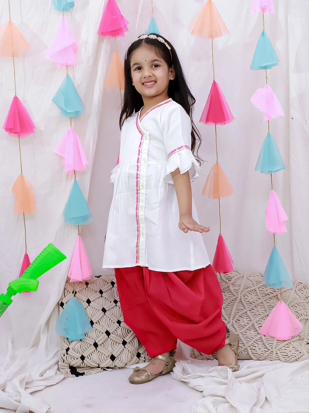 BownBee Indo-Western Angarakha Kurti With Dhoti  For Girls - White