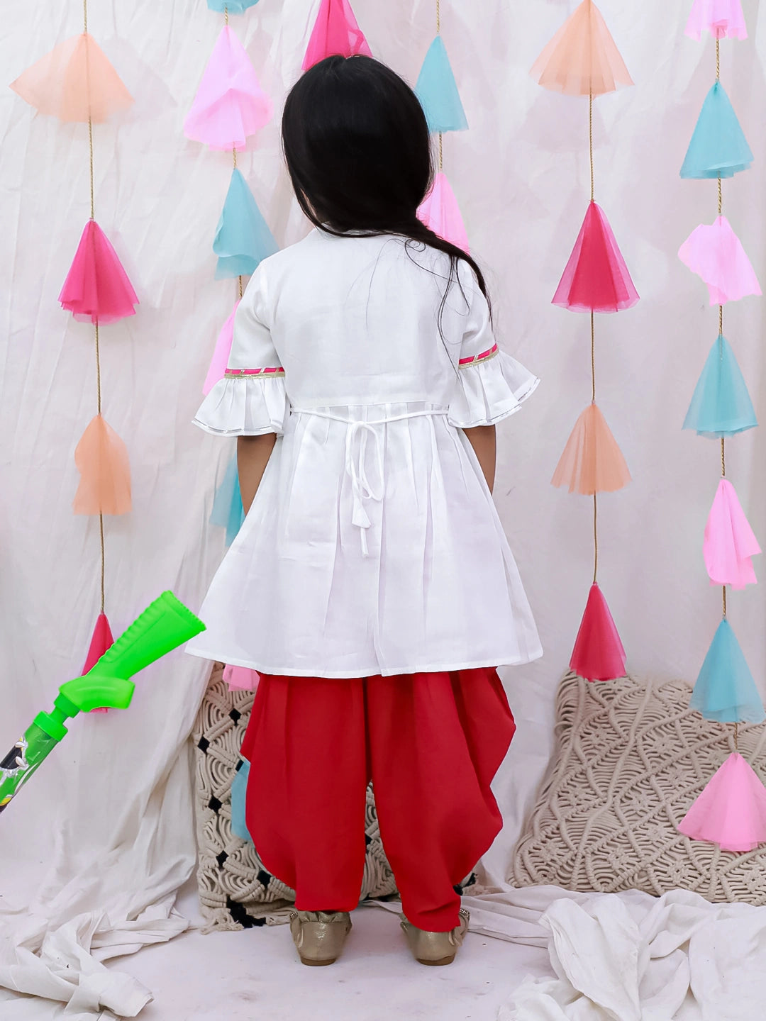 BownBee Indo-Western Angarakha Kurti With Dhoti  For Girls - White