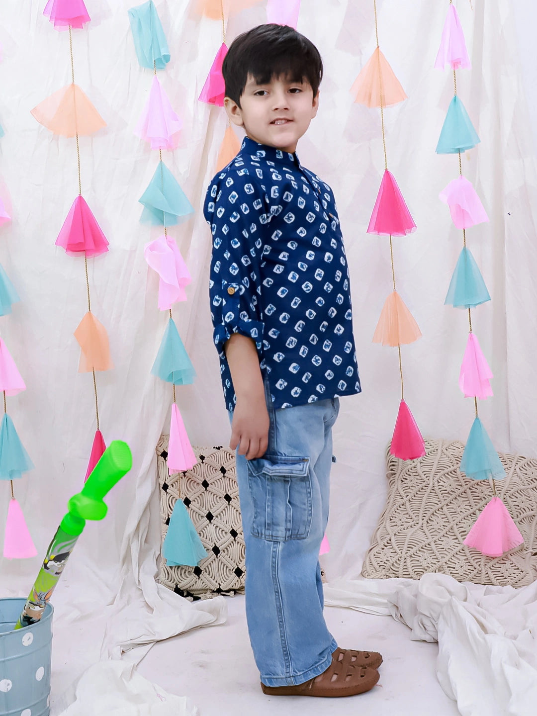 BownBee Fullsleeves Bandhni Short Kurta For Boys - Blue