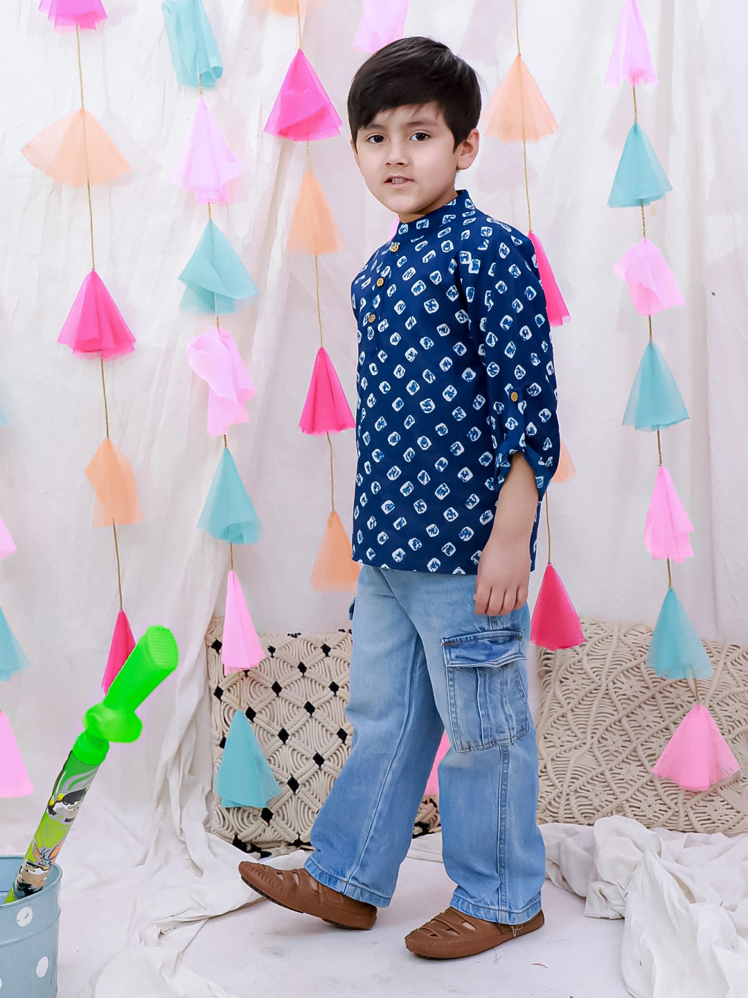 BownBee Fullsleeves Bandhni Short Kurta For Boys - Blue