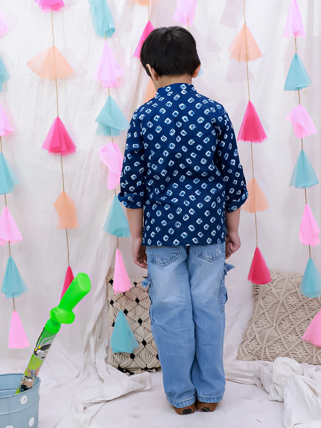 BownBee Fullsleeves Bandhni Short Kurta For Boys - Blue