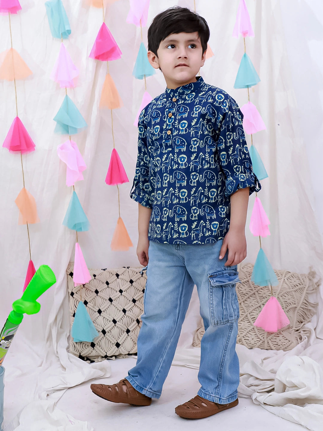 BownBee Fullsleeves Bandhni Short Kurta For Boys - Blue