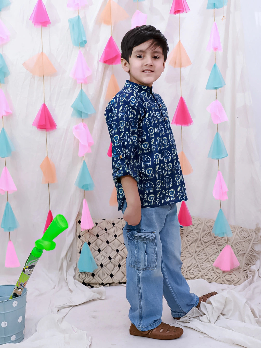 BownBee Fullsleeves Bandhni Short Kurta For Boys - Blue