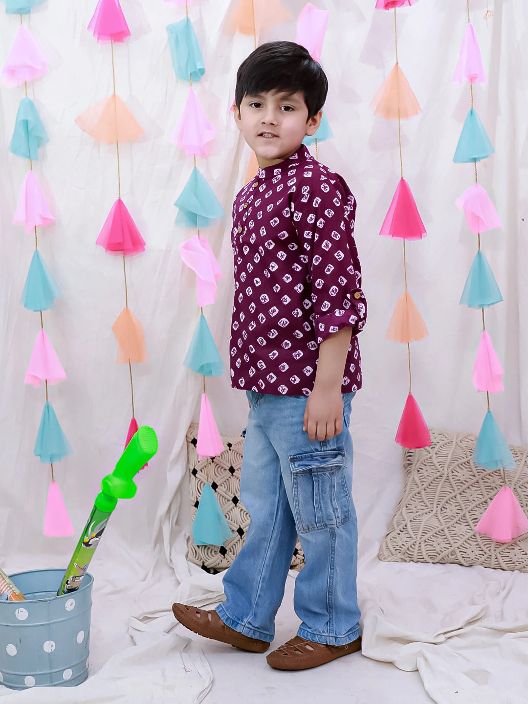 BownBee Fullsleeves Bandhni Short Kurta For Boys - Blue
