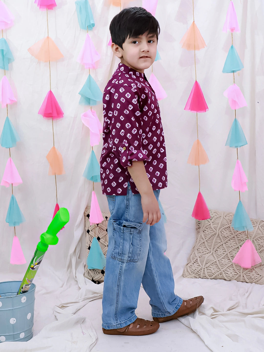 BownBee Fullsleeves Bandhni Short Kurta For Boys - Blue