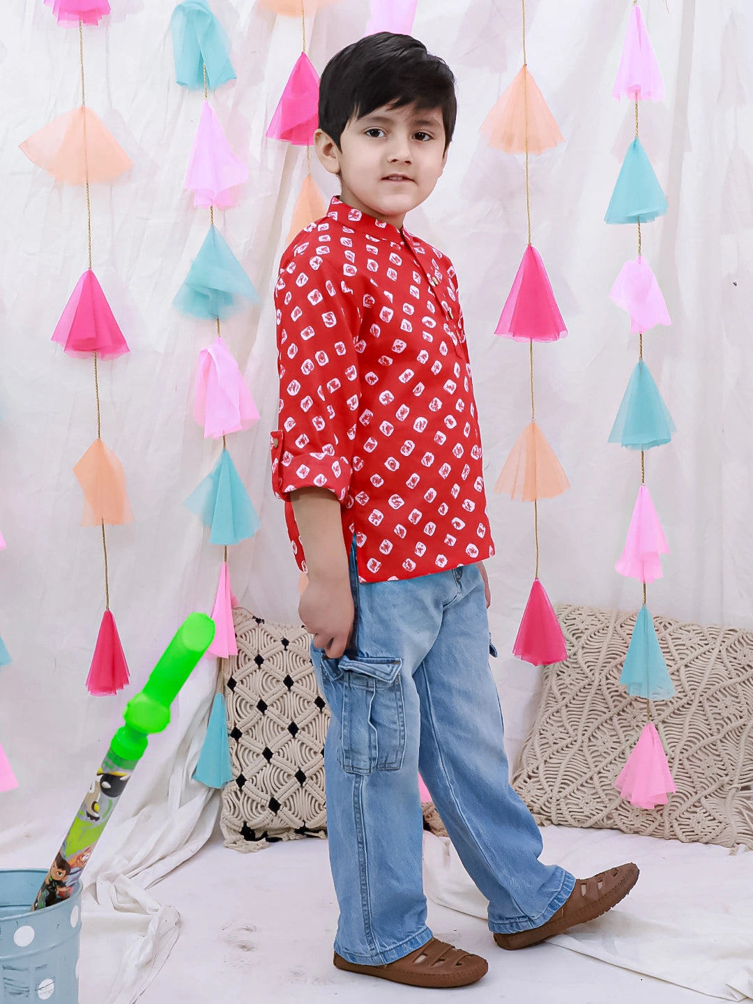 BownBee Fullsleeves Bandhni Short Kurta For Boys - Blue