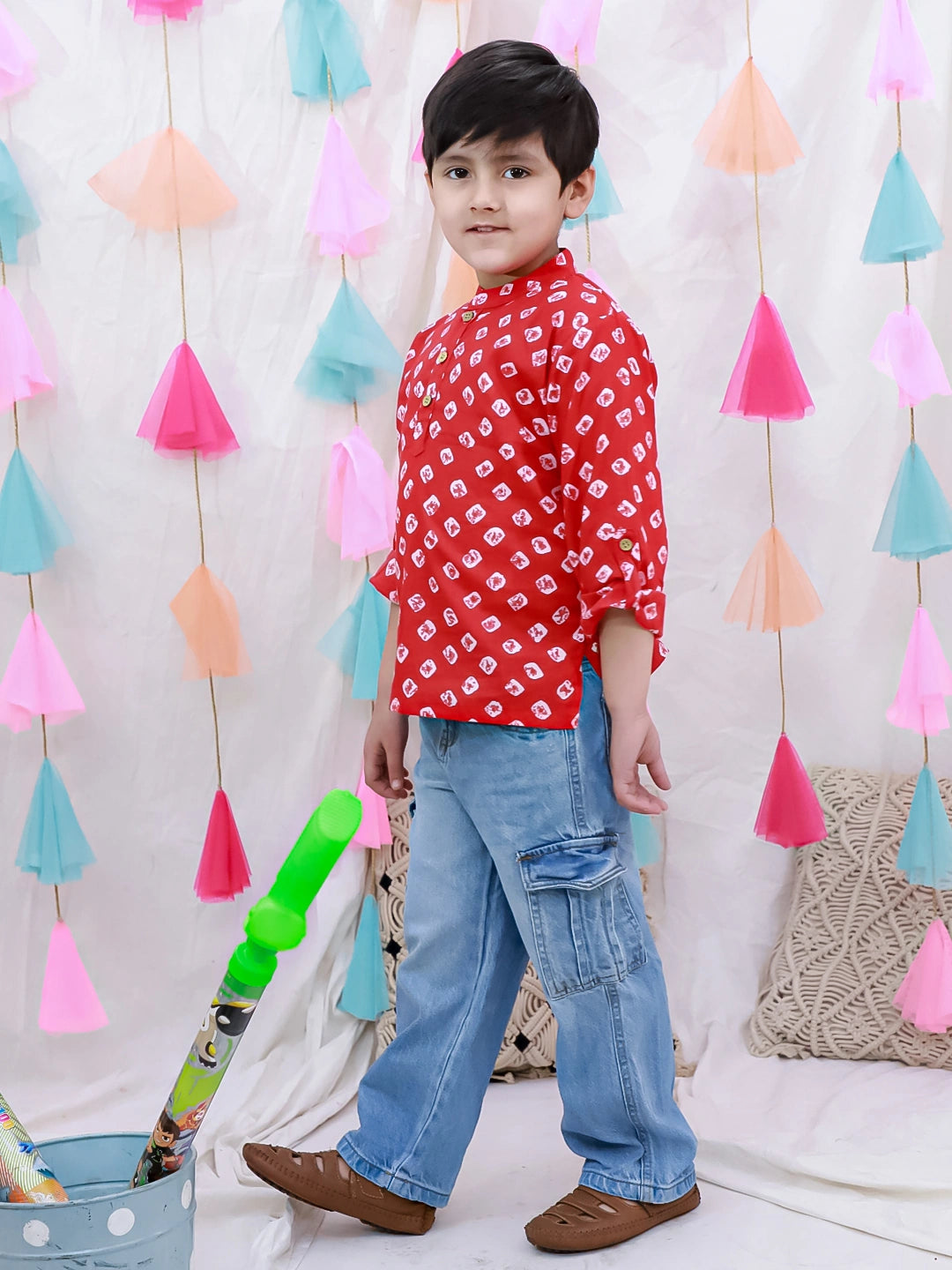 BownBee Fullsleeves Bandhni Short Kurta For Boys - Blue