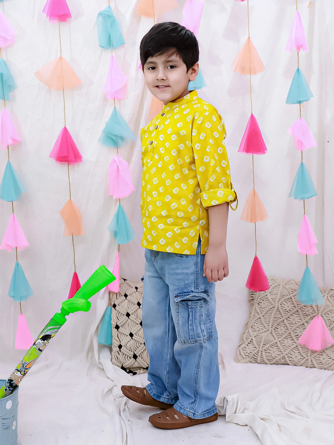 BownBee Fullsleeves Bandhni Short Kurta For Boys - Blue