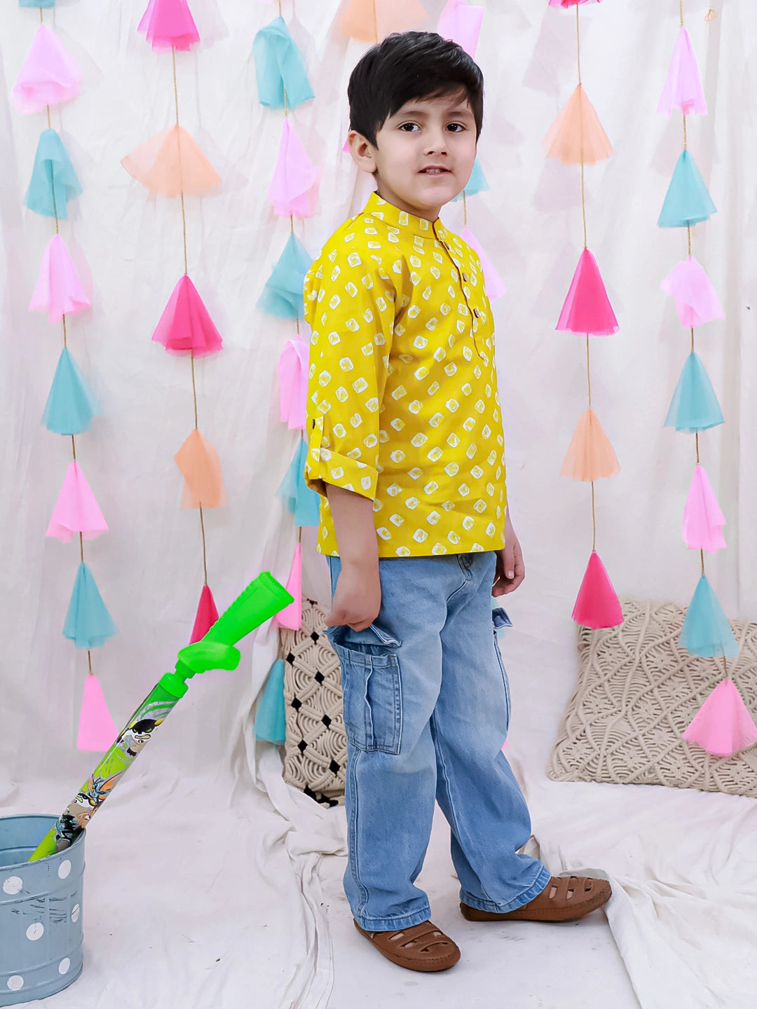 BownBee Fullsleeves Bandhni Short Kurta For Boys - Blue
