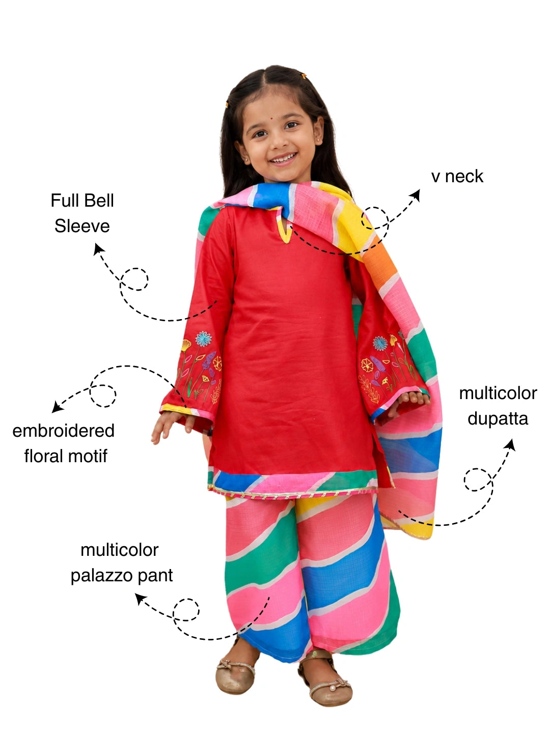 BownBee Embroidered Quater Sleeves Suit Set With Dupatta For Girls