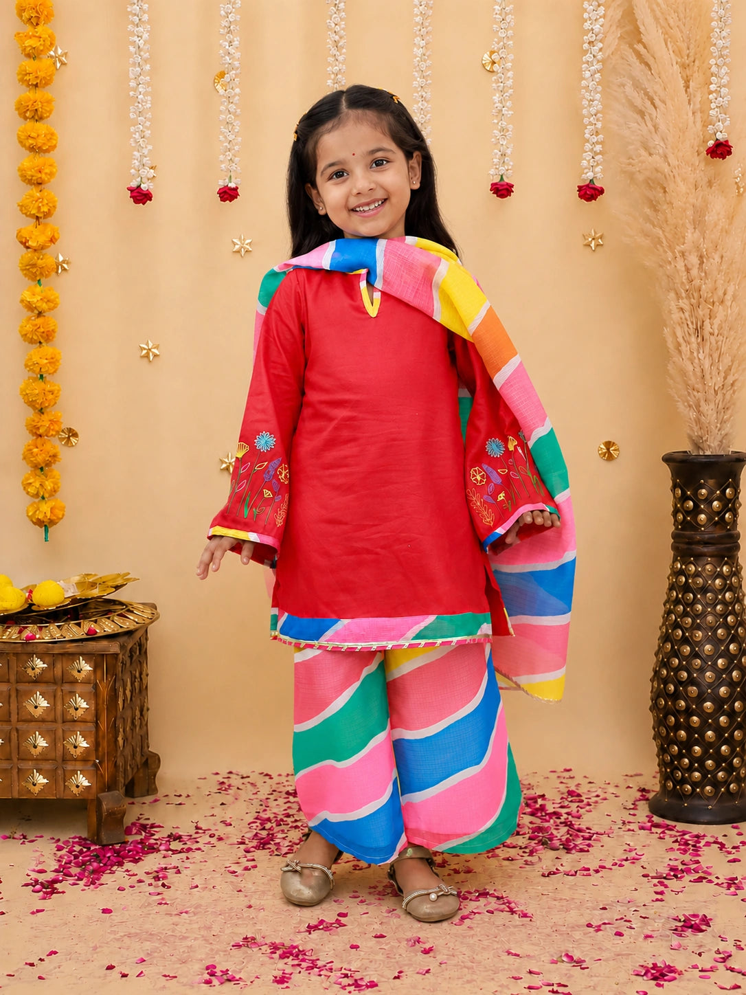 Embroidered Quater Sleeves Suit Set With Dupatta Sibling Set Maroon & White Combo