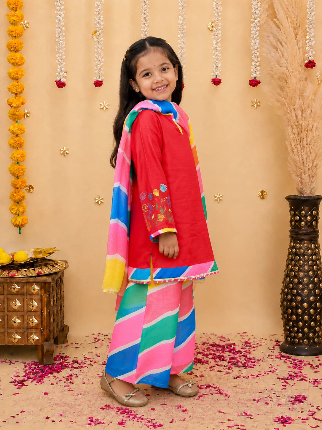 BownBee Embroidered Quater Sleeves Suit Set With Dupatta For Girls