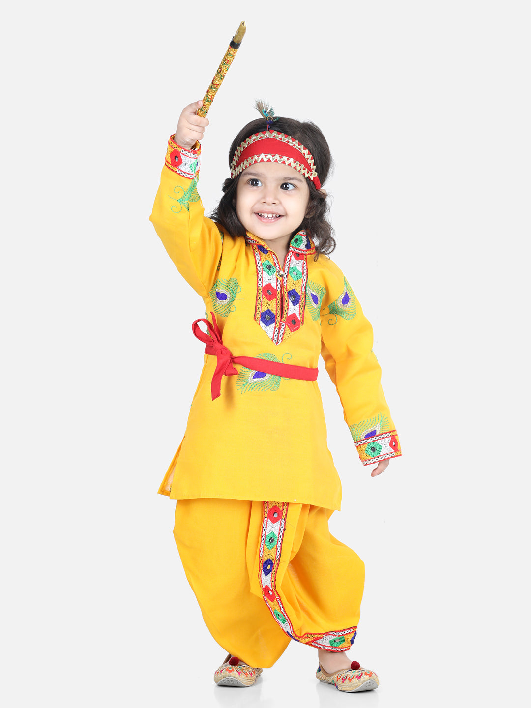 BownBee Full Sleeves Embroidered Kanhaiya Kurta & Dhoti Set - Yellow