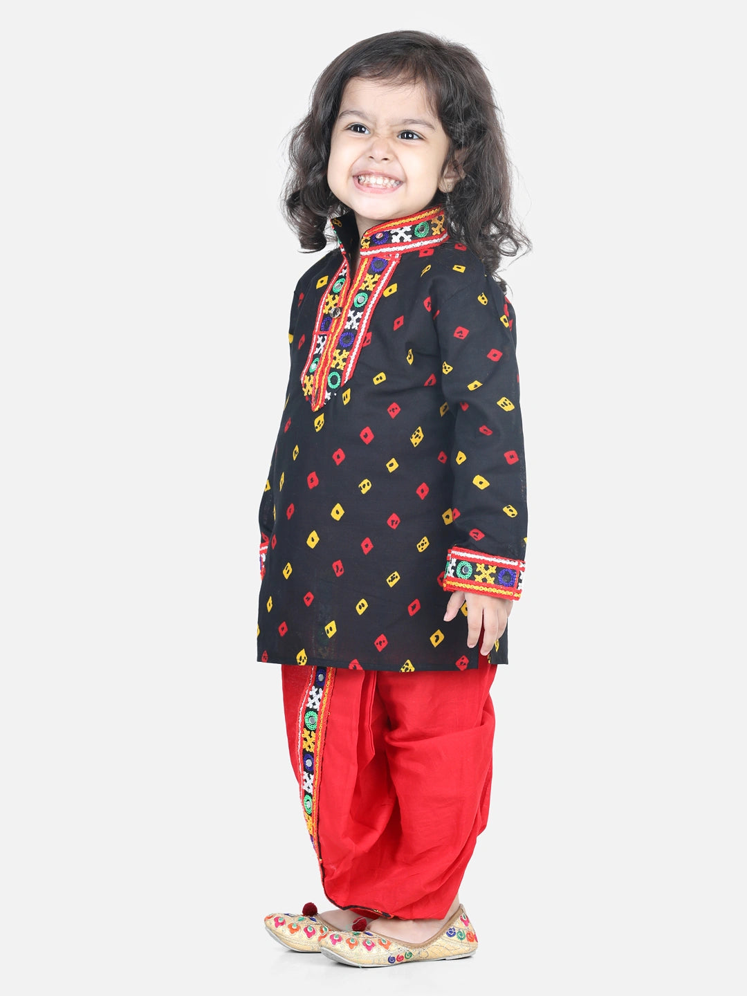 Bandhani Print Cotton Full Sleeve Dhoti Kurta For Boys and Black Halter Neck Choli With Dhoti For Girls