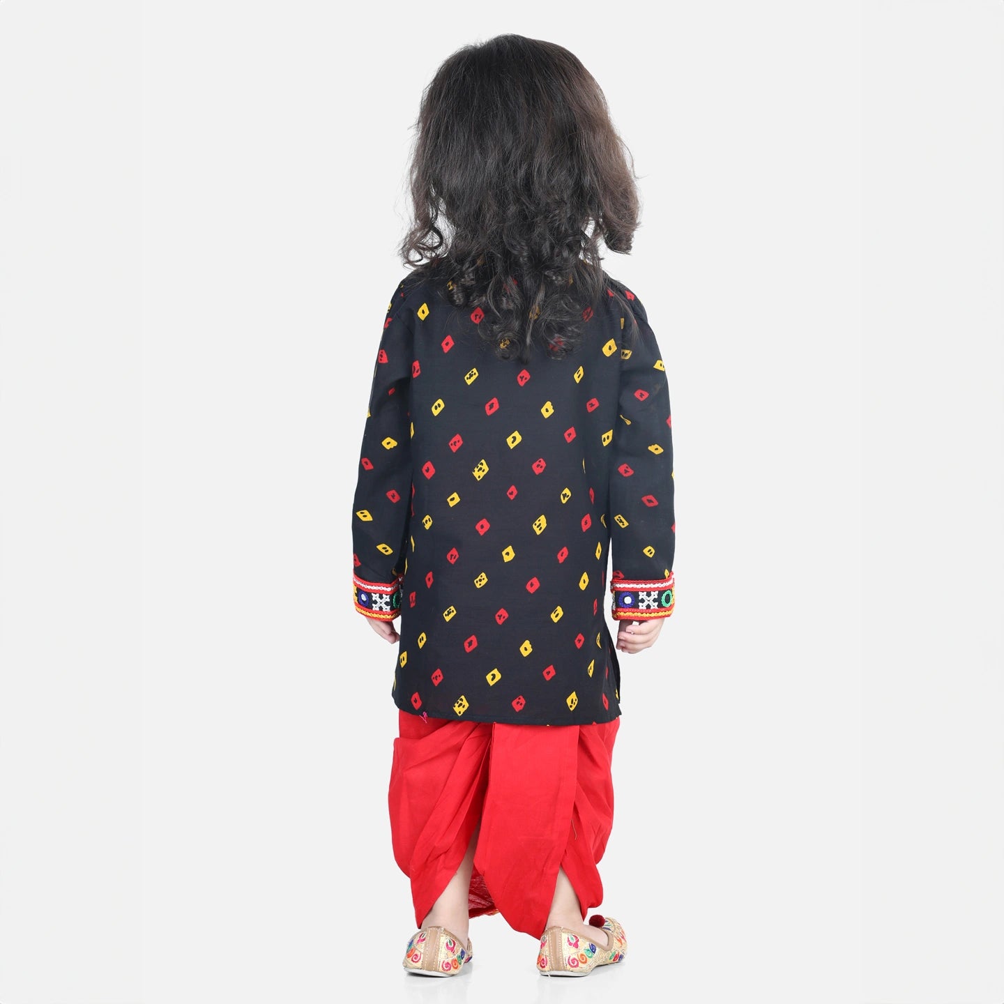 Bandhani Print Cotton Full Sleeve Dhoti Kurta For Boys and Black Halter Neck Choli With Dhoti For Girls