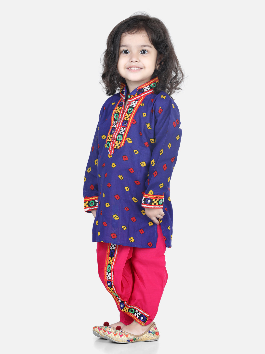 Bandhani Print Cotton Full Sleeve Dhoti Kurta For Boys andBlack Halter Neck Choli With Dhoti For Girls-Blue