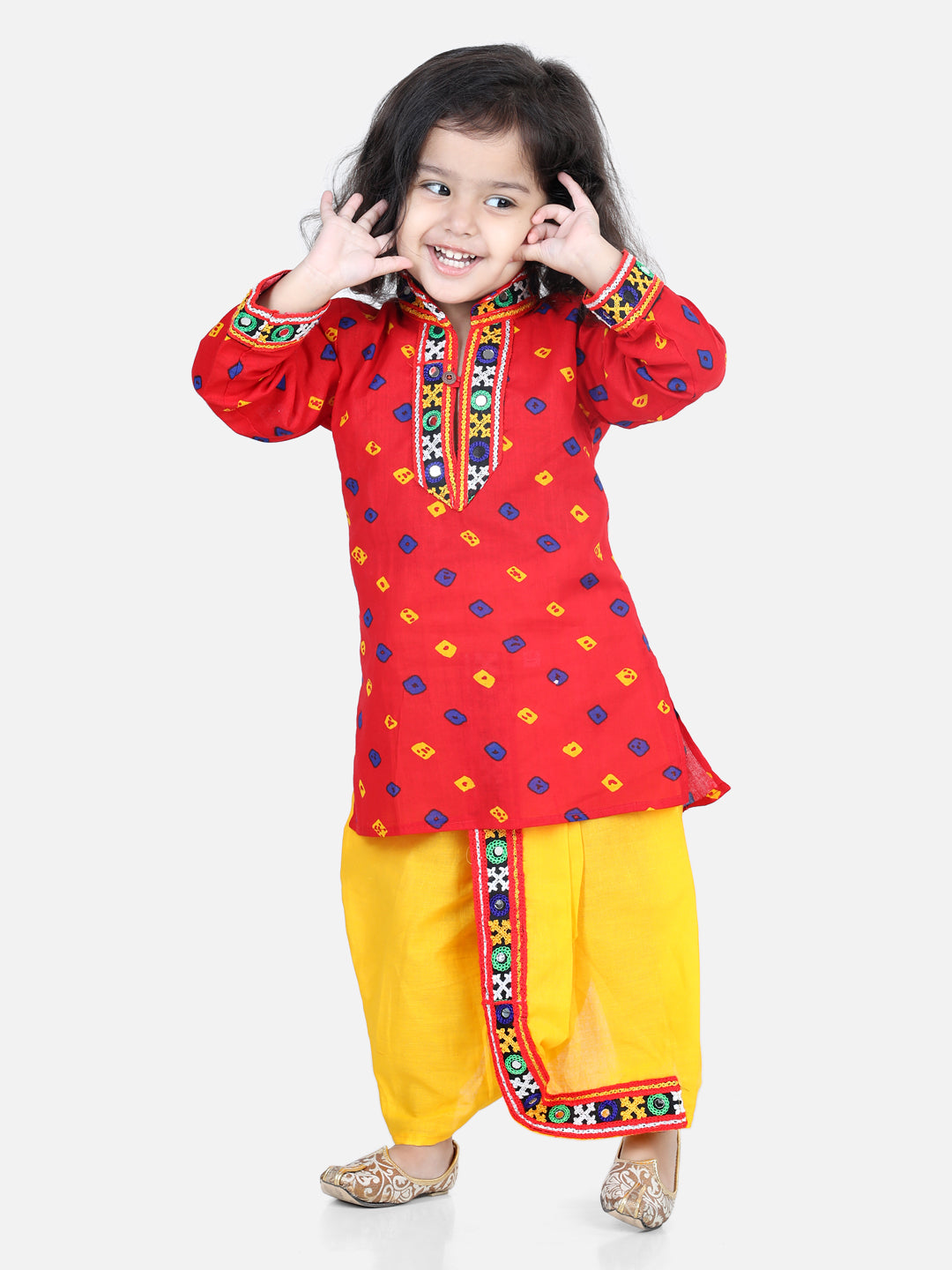 BownBee Kids Boys Navratri Dandiya  Garba Bandhani Print Cotton Full Sleeve Dhoti Kurta- Red