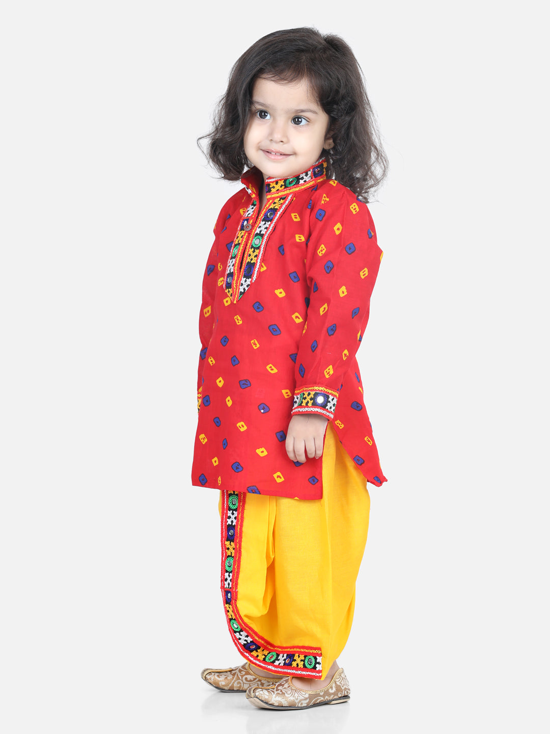 Babyhug Woven Full Sleeves Kurta Dhoti Set With Bandhani Print & Lace Detailing - Coral