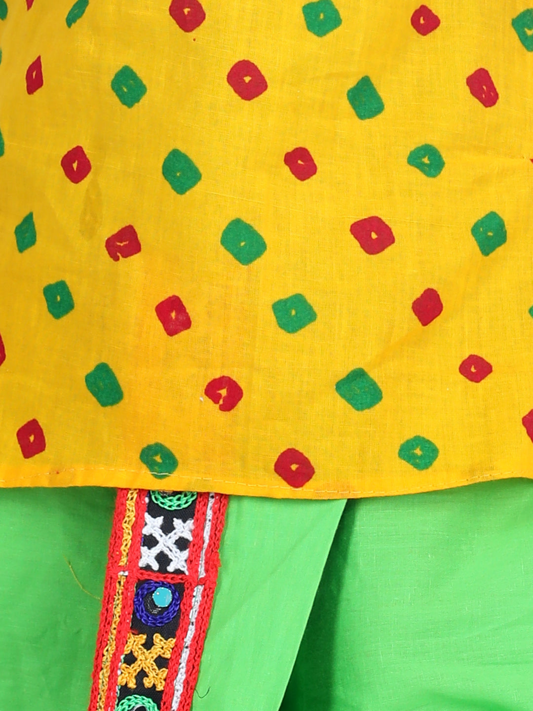 BownBee Bandhani Print Cotton Kanhaiya Suit Dress with Bansuri, Mukut Belt- Yellow