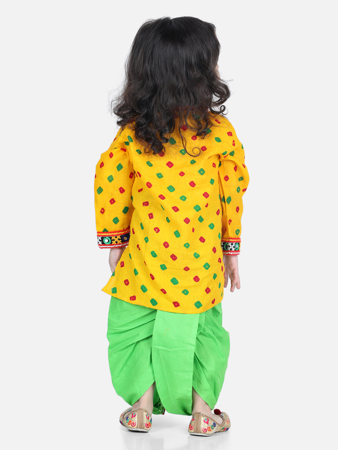 BownBee Bandhani Print Cotton Kanhaiya Suit Dress with Bansuri, Mukut Belt- Yellow