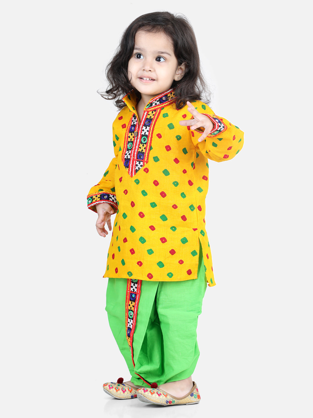 Bandhani Print Cotton Full Sleeve Dhoti Kurta For Boys andBlack Halter Neck Choli With Dhoti For Girls-Yellow