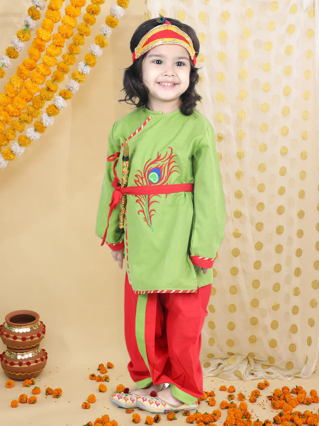 BownBee Cotton Janmasthami Embroidered Kanhaiya Dhoti Kurta for Boys  Dhoti Top Radha with mukut belt bansuri Green