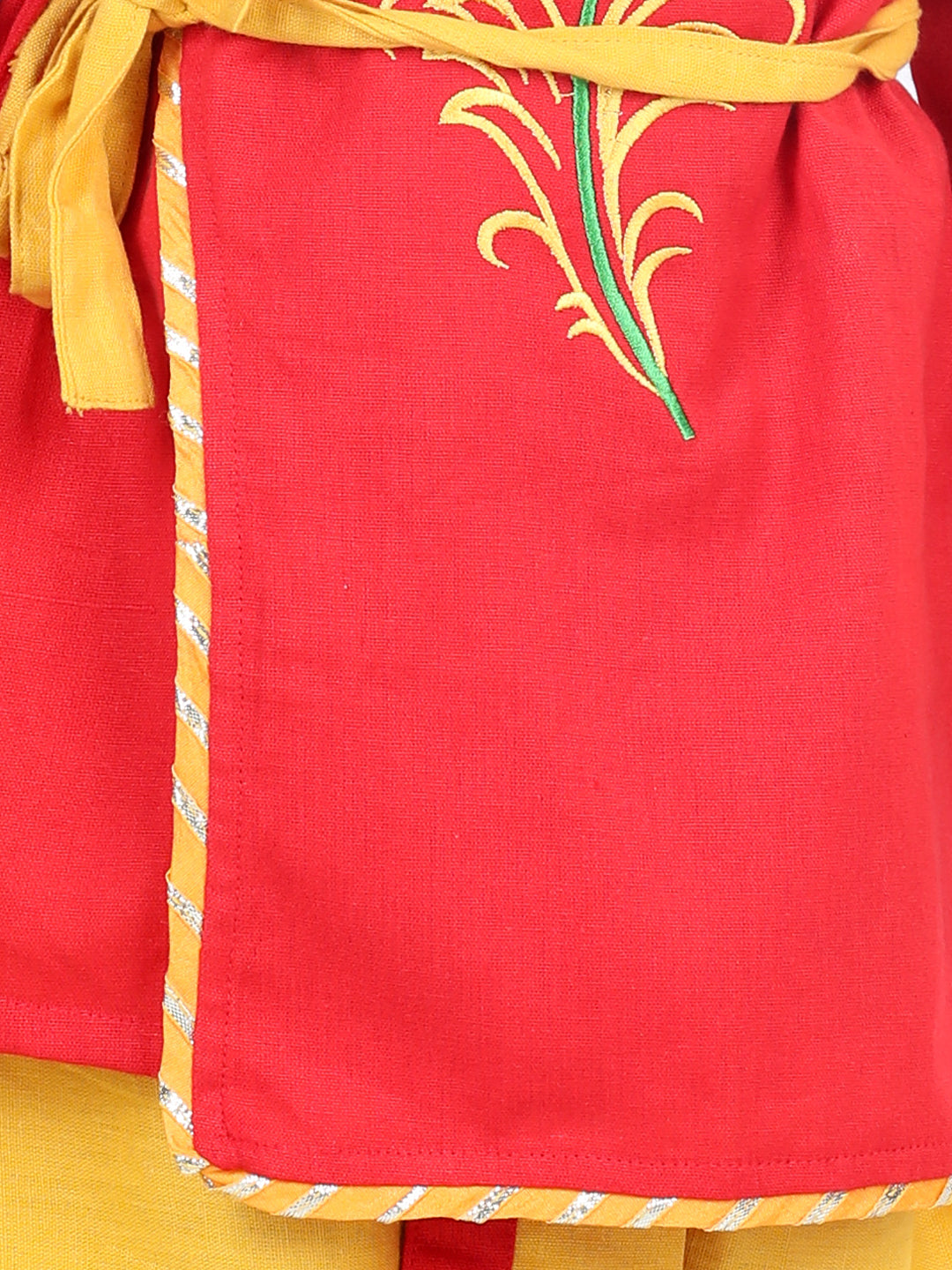 BownBee Cotton Embroidery Krishna Kanhaiya Dhoti Kurta and Radha Top Dhoti and Mukut Belt and Bansuri-Red