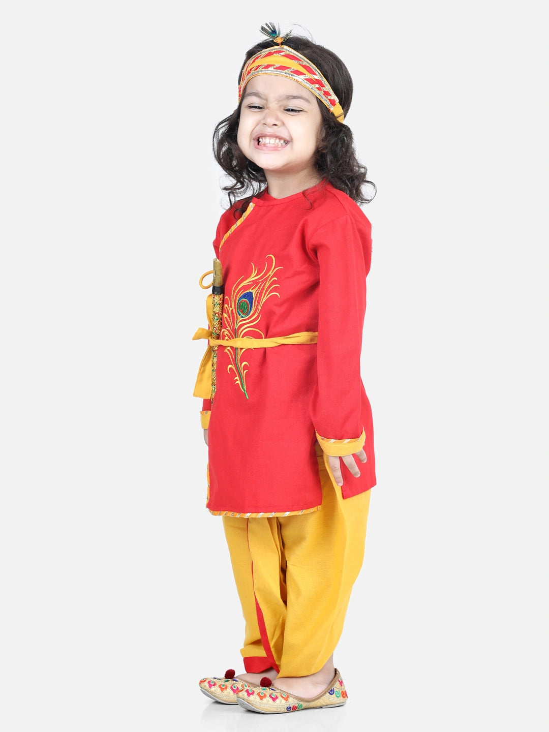 BownBee Cotton Embroidery Krishna Kanhaiya Dhoti Kurta and Radha Top Dhoti and Mukut Belt and Bansuri