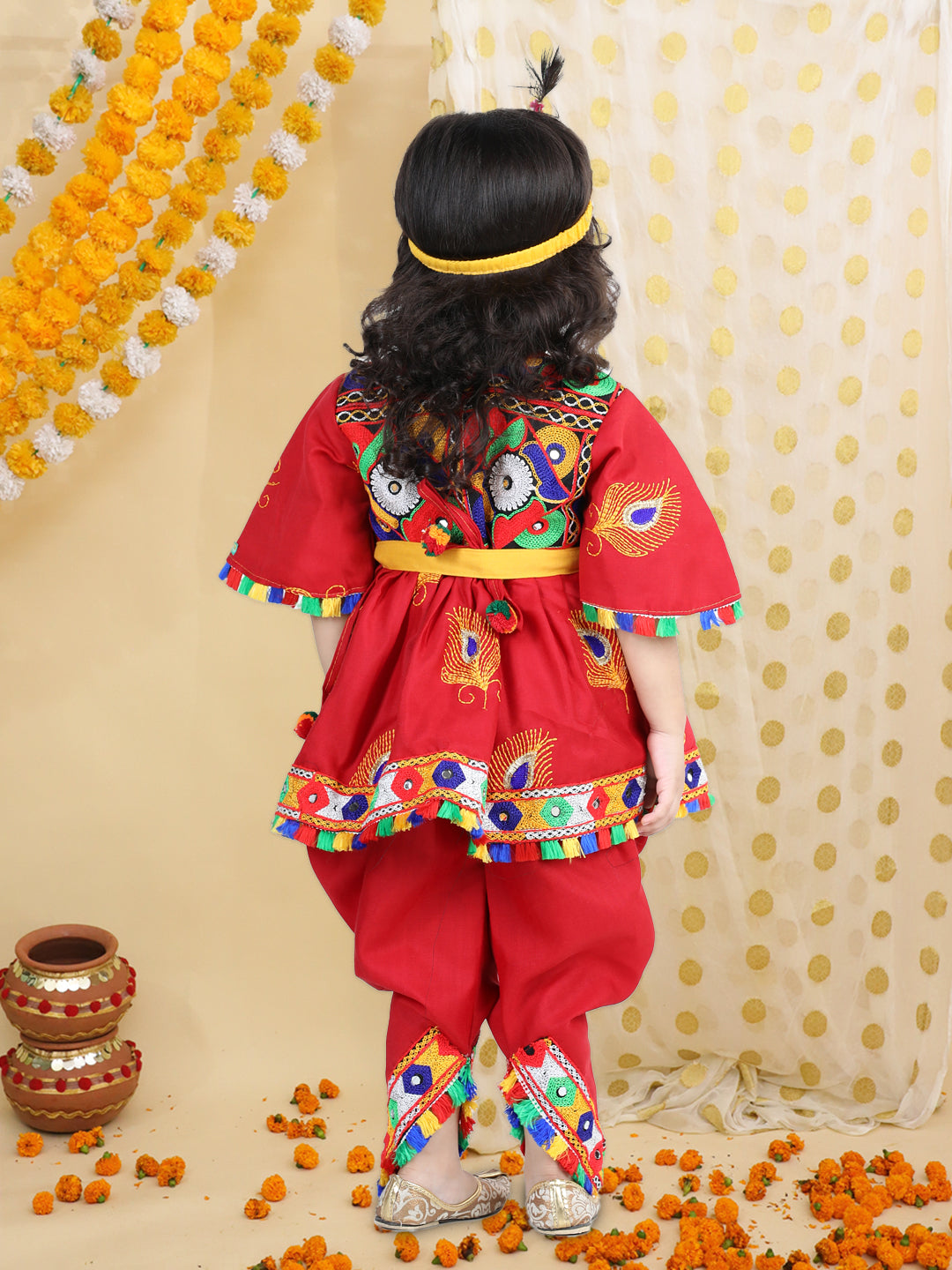 BownBee Embroidered Dhoti Top Radha Dress with Mukut, Bansuri and Patka for Girls-Red