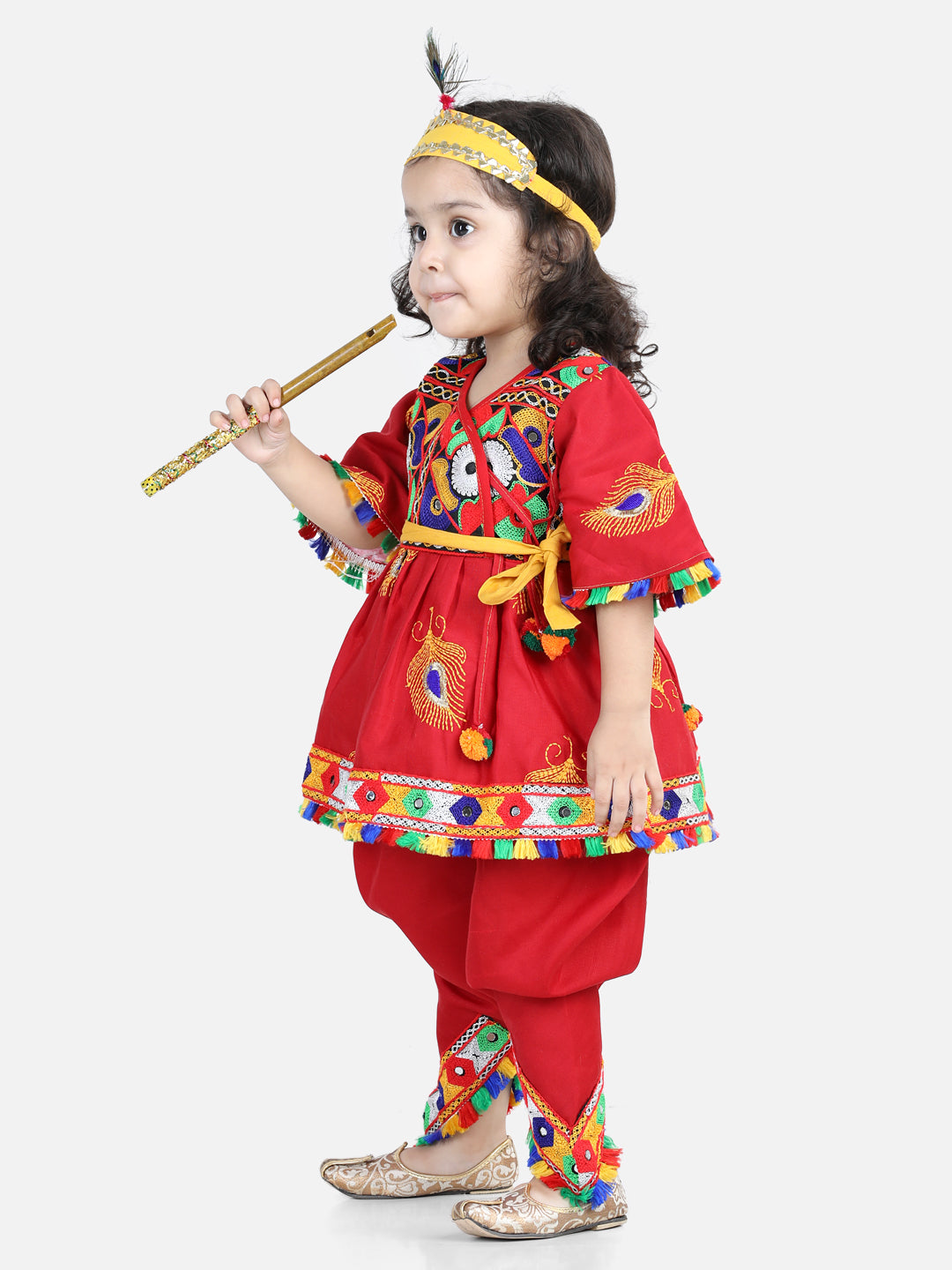 BownBee Embroidered Dhoti Top Radha Dress with Mukut, Bansuri and Patka for Girls-Red