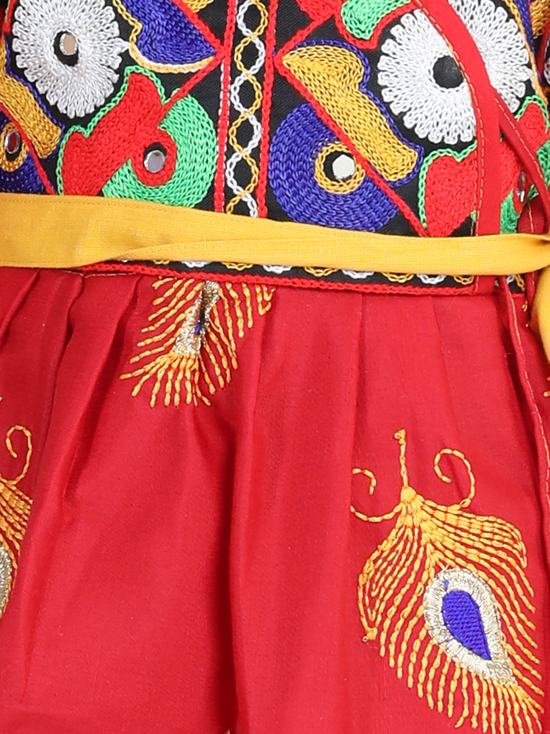BownBee Embroidered Krishna Kanhaiya Dhoti Kurta and Radha Indo western Top Dhoti with Mukut Bansuri Belt -Red