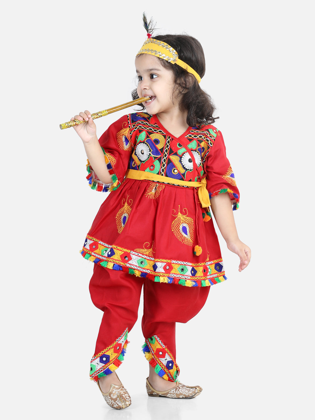 BownBee Embroidered Dhoti Top Radha Dress with Mukut, Bansuri and Patka for Girls-Red