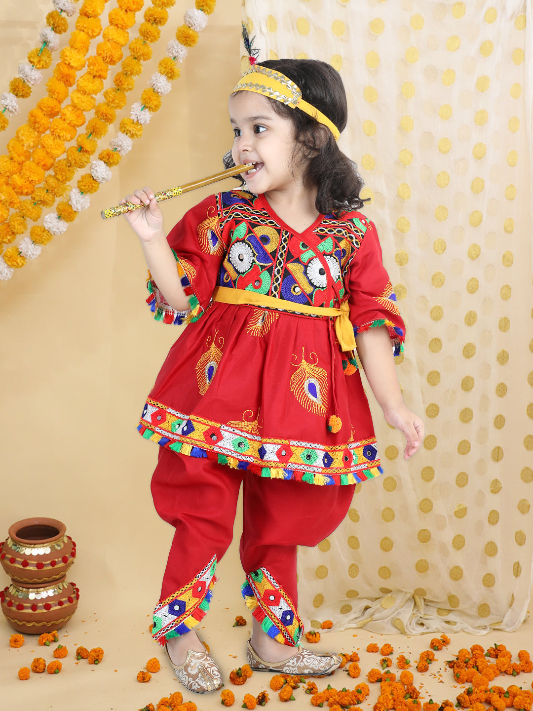 BownBee Embroidered Dhoti Top Radha Dress with Mukut, Bansuri and Patka for Girls-Red