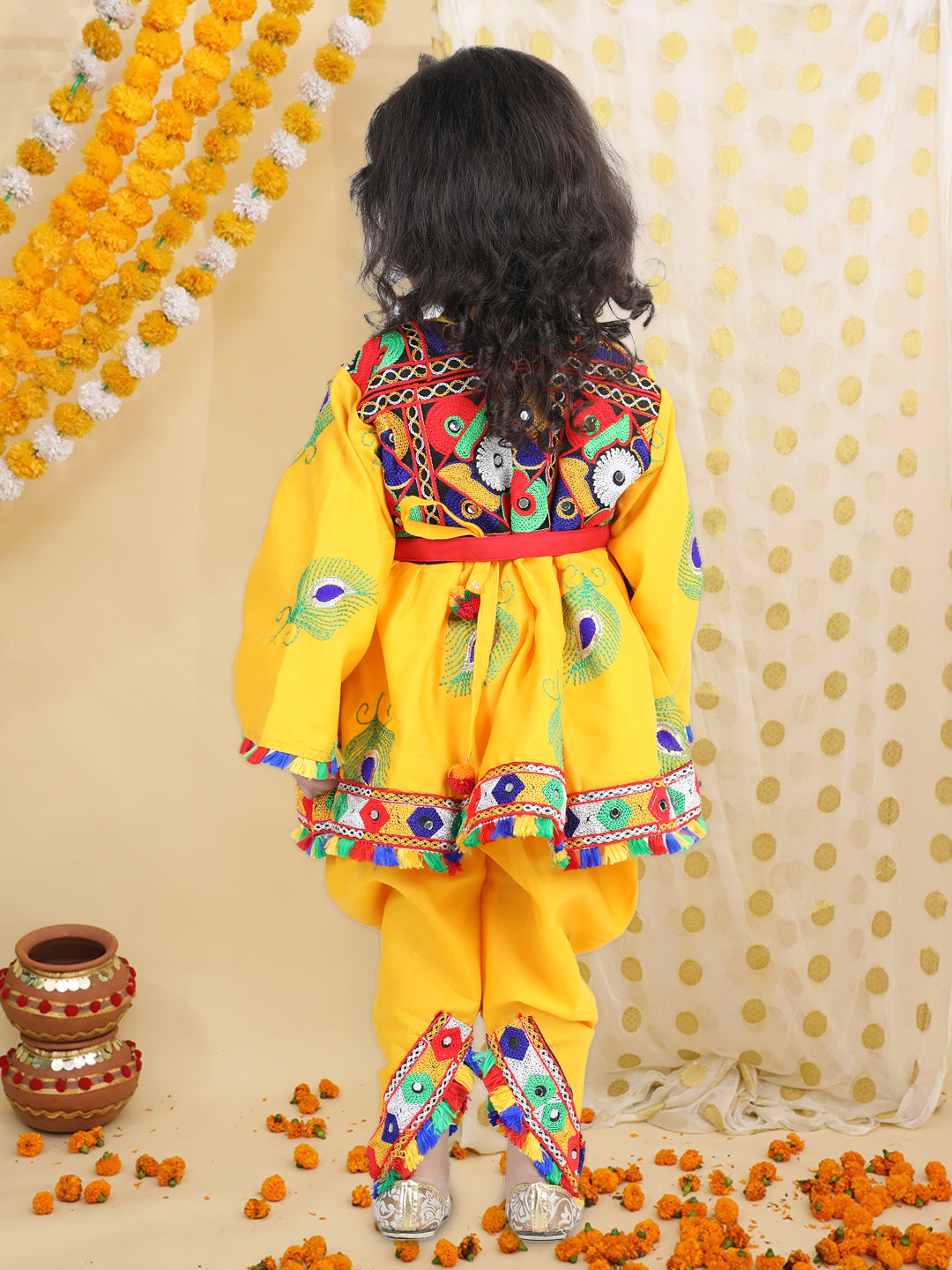 BownBee Embroidered Dhoti Top Radha Dress with Mukut Bansuri Belt for Girls-Yellow