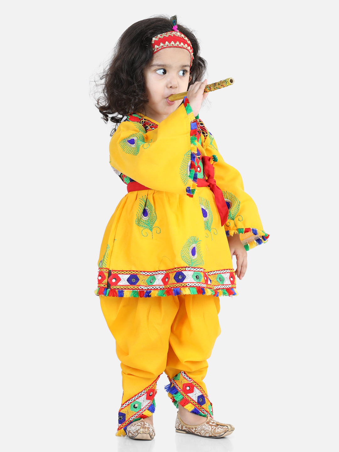 BownBee Embroidered Dhoti Top Radha Dress with Mukut, Bansuri and Patka for Girls-Yellow