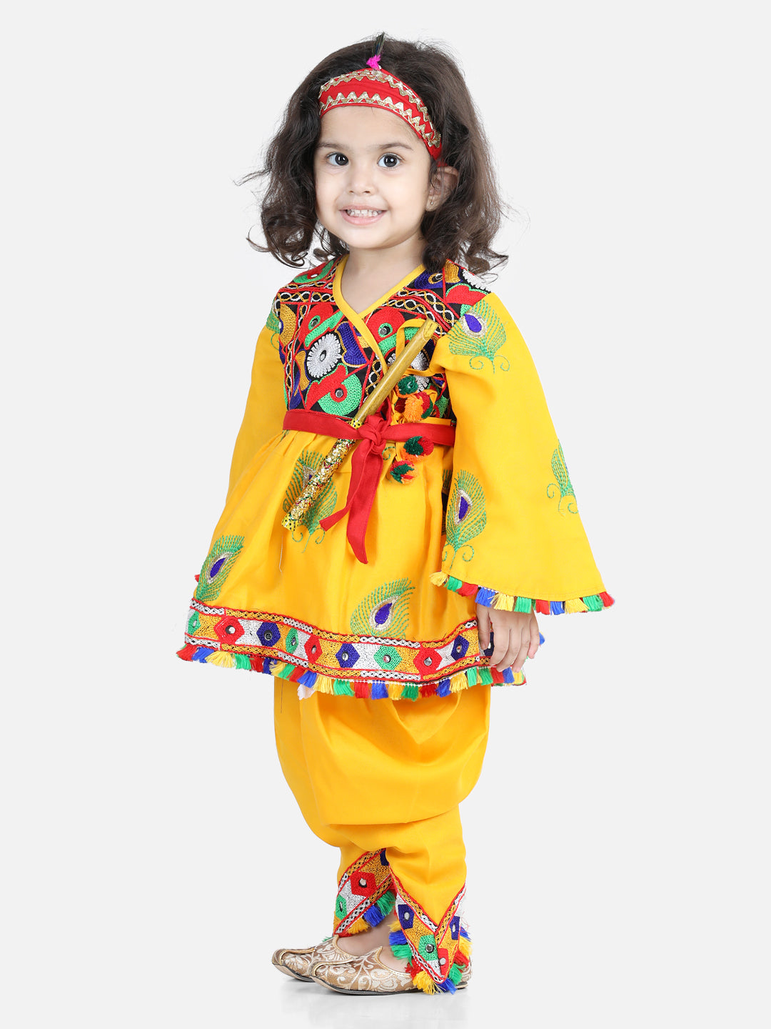 BownBee Embroidered Dhoti Top Radha Dress with Mukut, Bansuri and Patka for Girls-Yellow