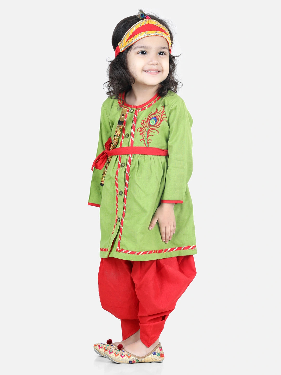 BownBee Full Sleeves Peacock Feather Embroidered Lace Detailing Radha Kurta & Dhoti Pants Set With Mukut