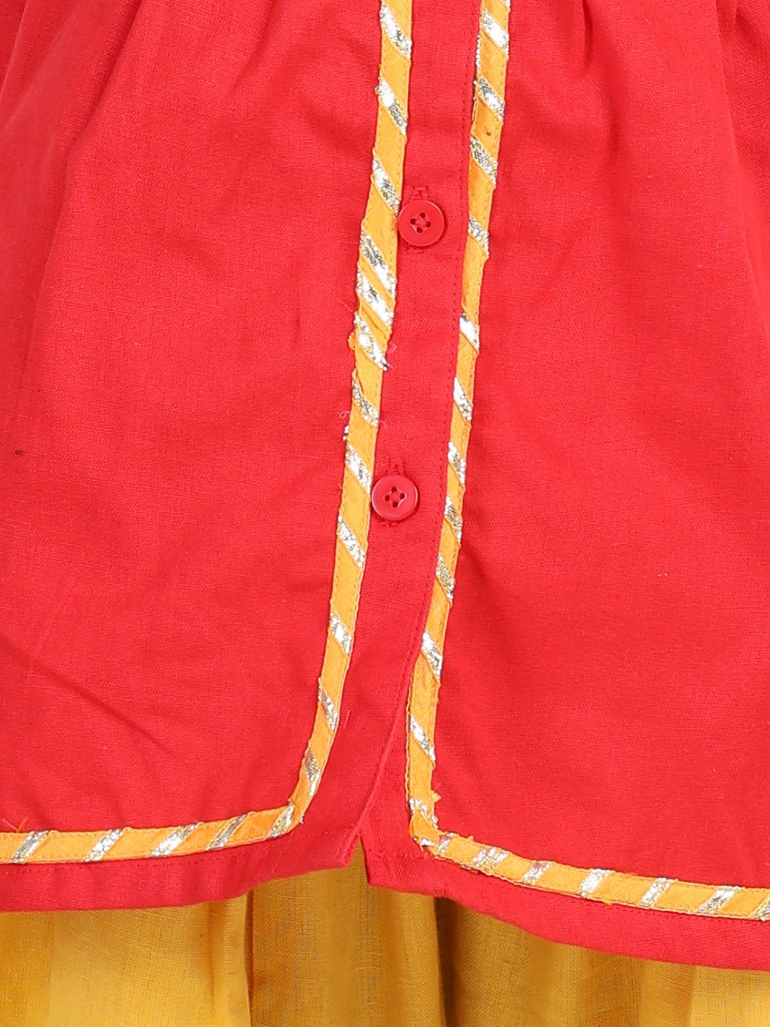 BownBee Cotton Embroidery Krishna Kanhaiya Dhoti Kurta and Radha Top Dhoti and Mukut Belt and Bansuri-Red