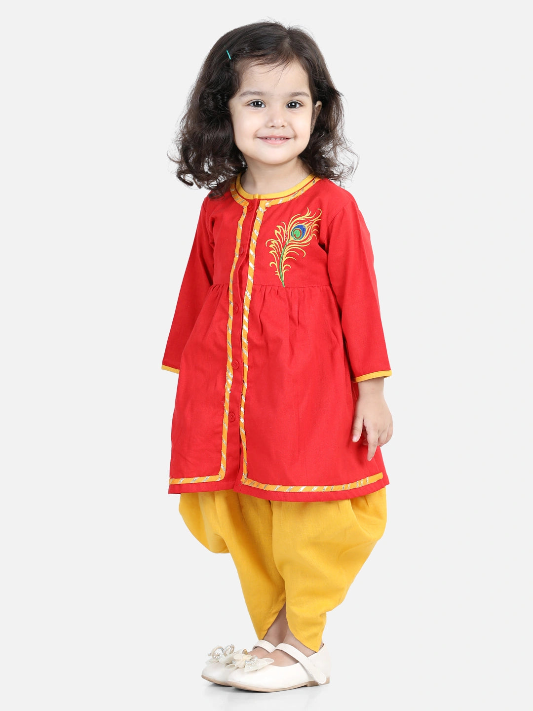 BownBee Cotton Embroidery Krishna Kanhaiya Dhoti Kurta and Radha Top Dhoti and Mukut Belt and Bansuri
