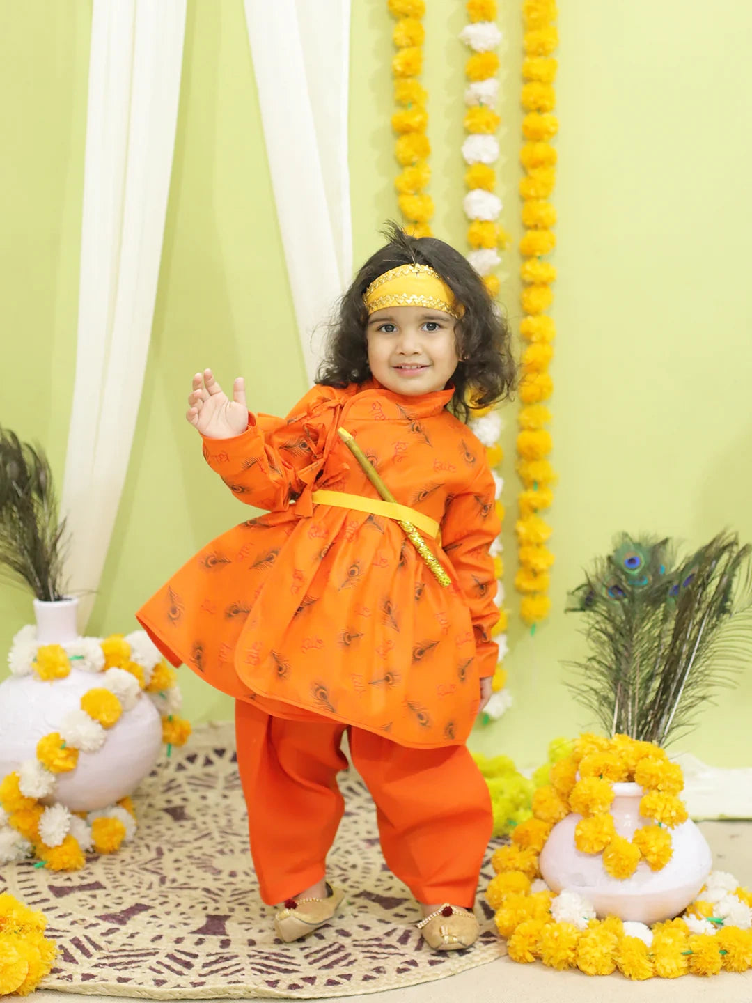 BownBee Morpankh Print Kedia Angrakha Kurta Dhoti with Bansuri, Mukut Belt- Orange