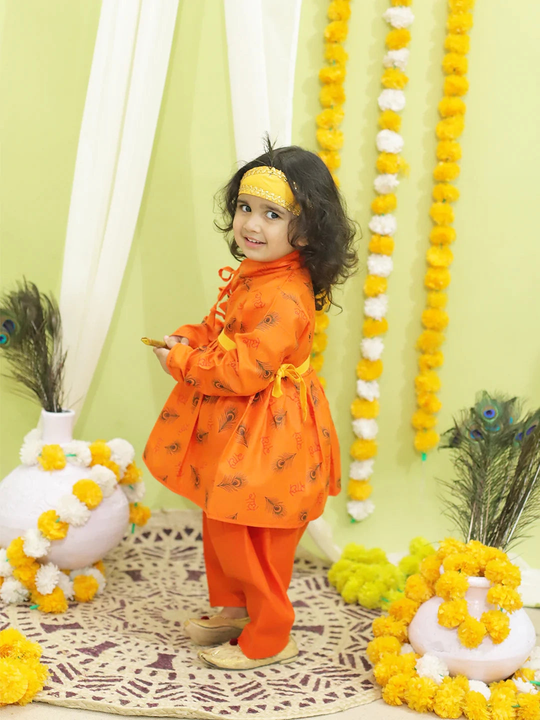 BownBee Morpankh Print Kedia Angrakha Kurta Dhoti with Bansuri, Mukut Belt- Orange