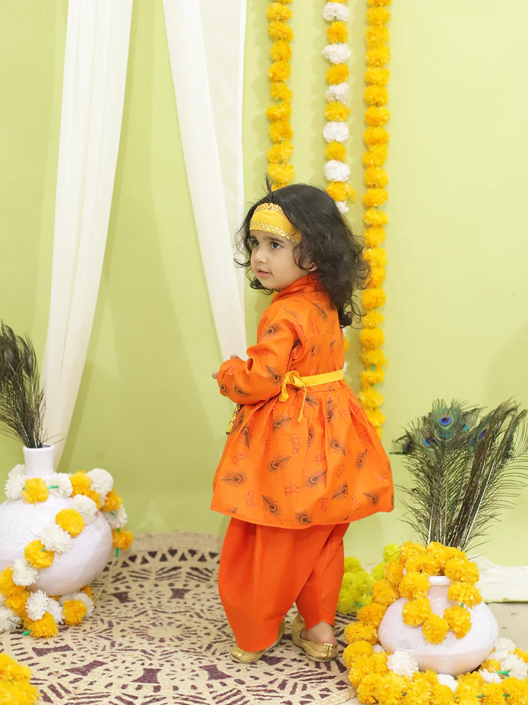 BownBee Morpankh Print Kedia Angrakha Kurta Dhoti with Bansuri, Mukut Belt- Orange