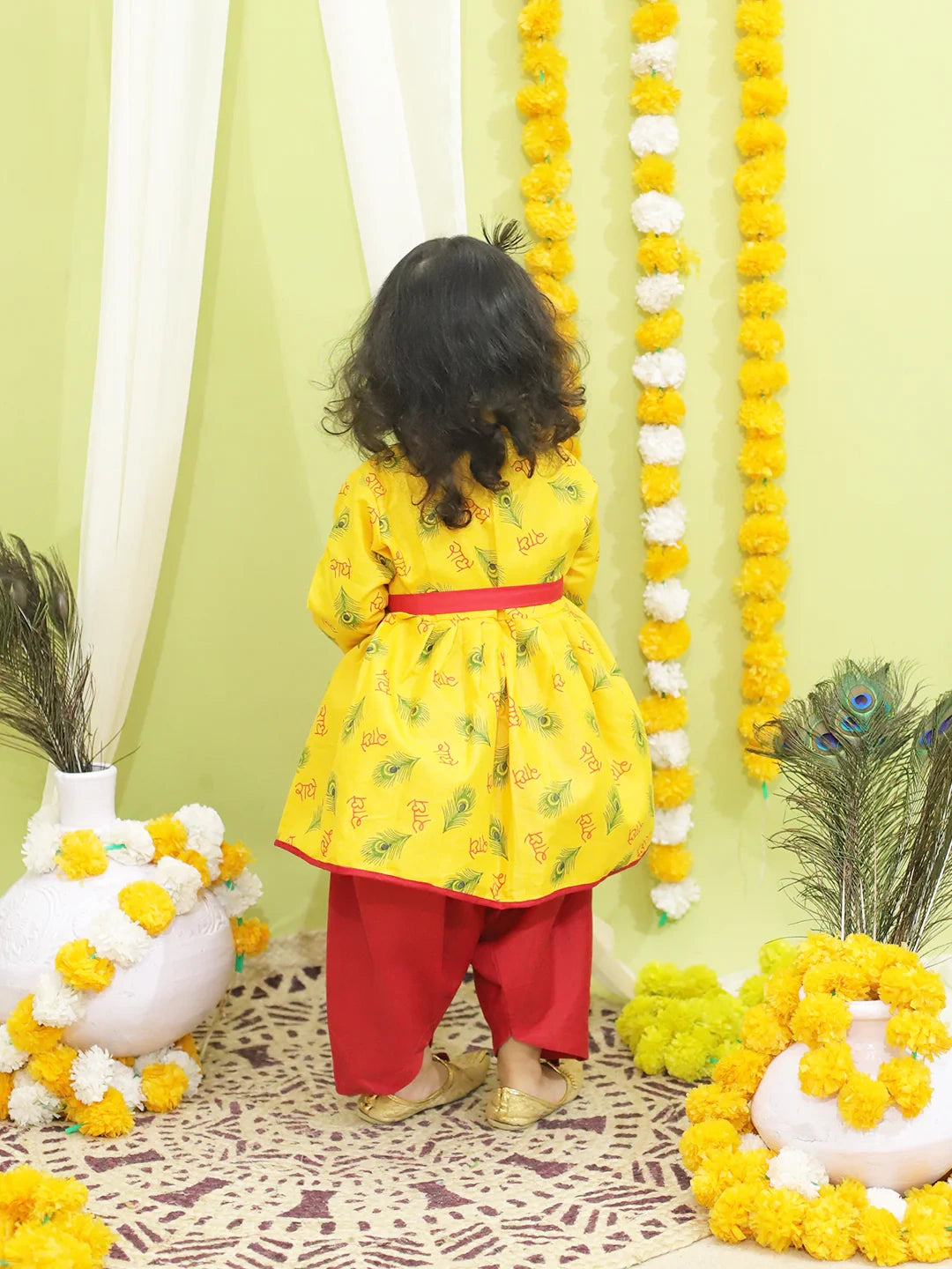 BownBee Morpankh Print Kedia Angrakha Kurta Dhoti with Bansuri, Mukut Belt- Yellow