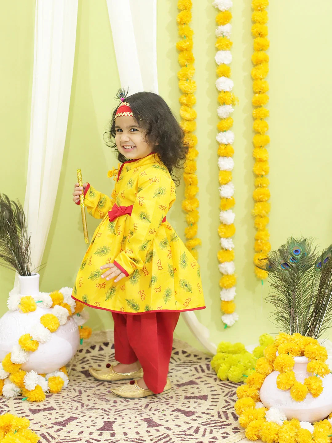 BownBee Morpankh Print Kedia Angrakha Kurta Dhoti with Bansuri, Mukut Belt- Yellow