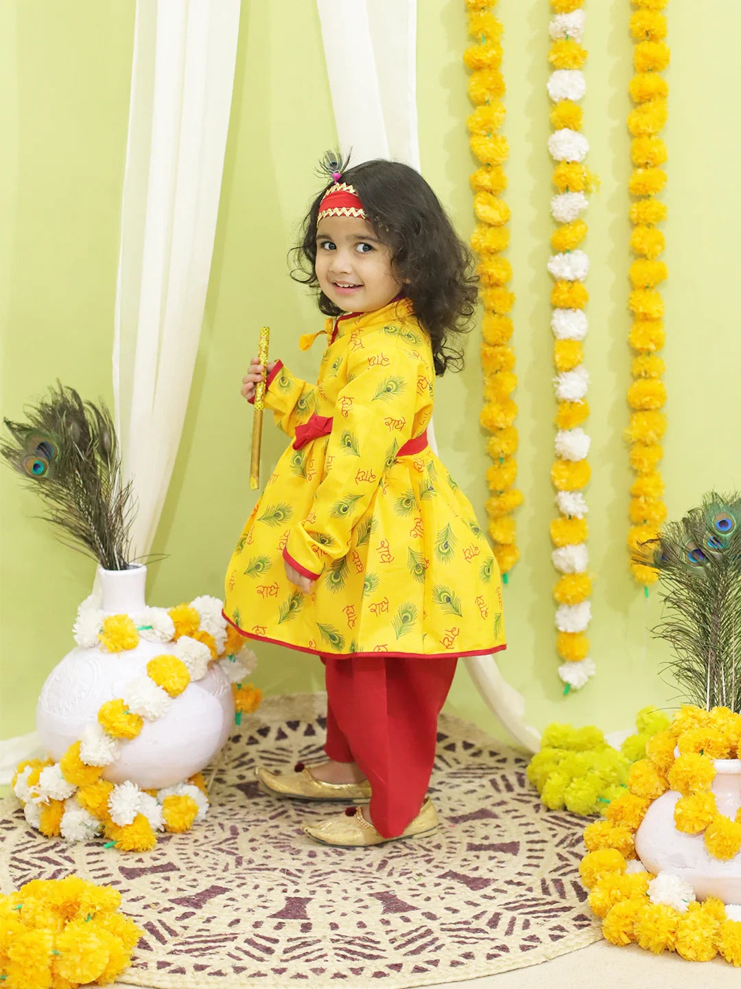 BownBee Morpankh Print Kedia Angrakha Kurta Dhoti with Bansuri, Mukut Belt- Yellow