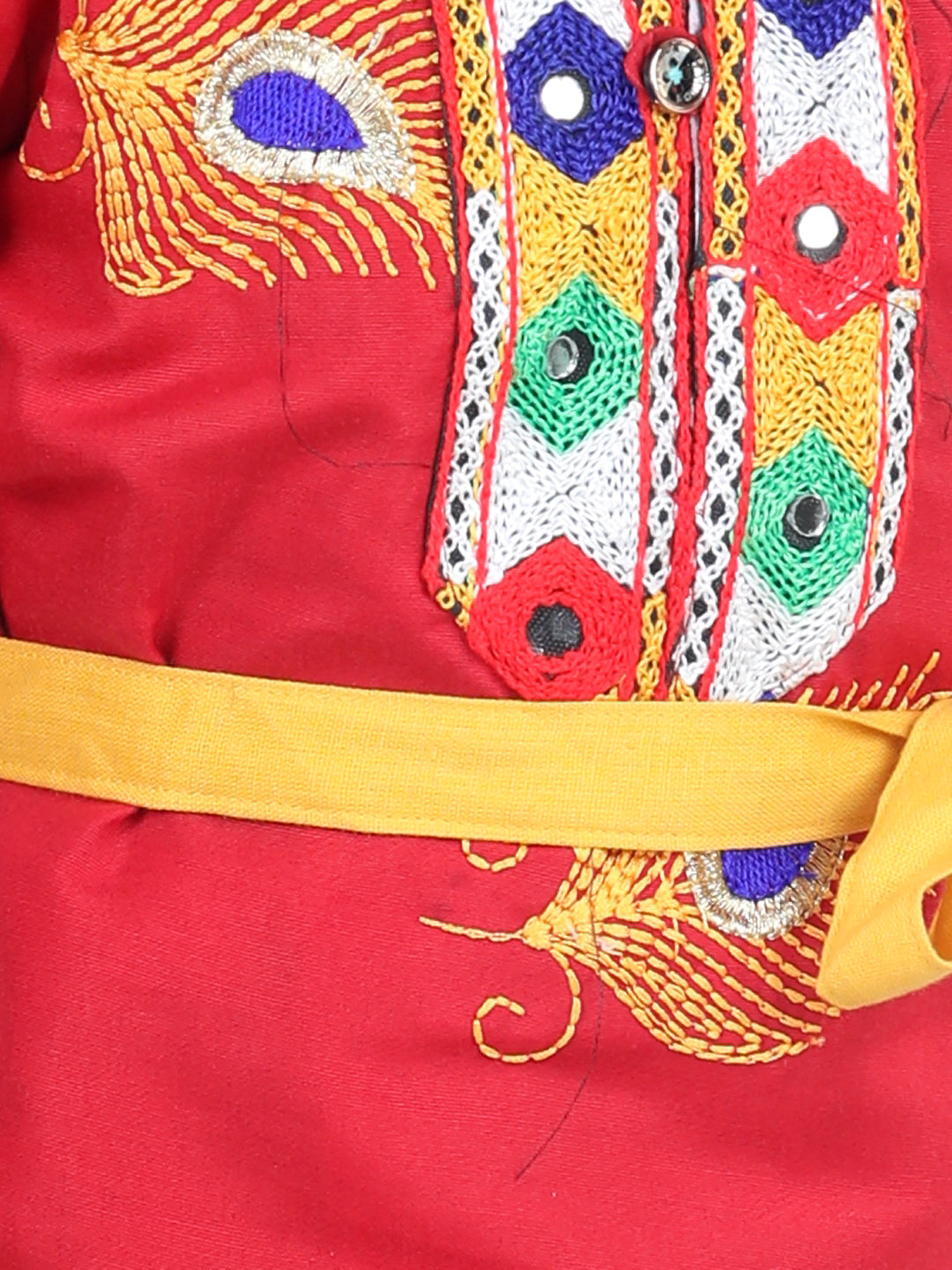 BownBee Embroidered Kanhaiya Dhoti Kurta with Mukut Bansuri Belt for Boys-Red