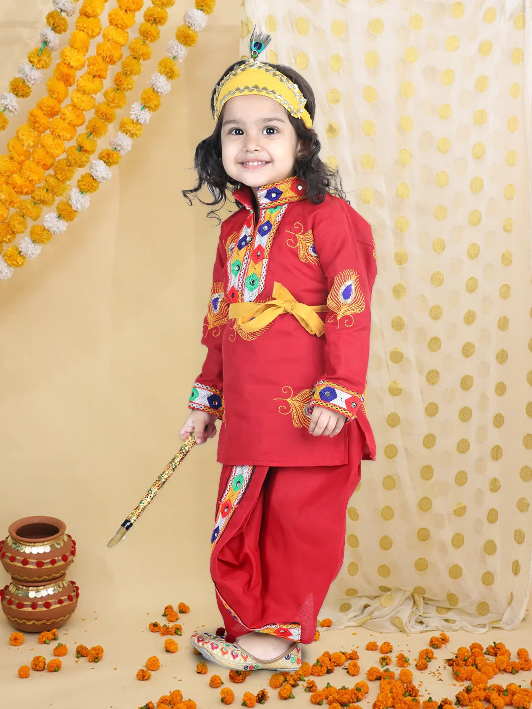 BownBee Embroidered Kanhaiya Dhoti Kurta with Mukut Bansuri Belt for Boys - Red