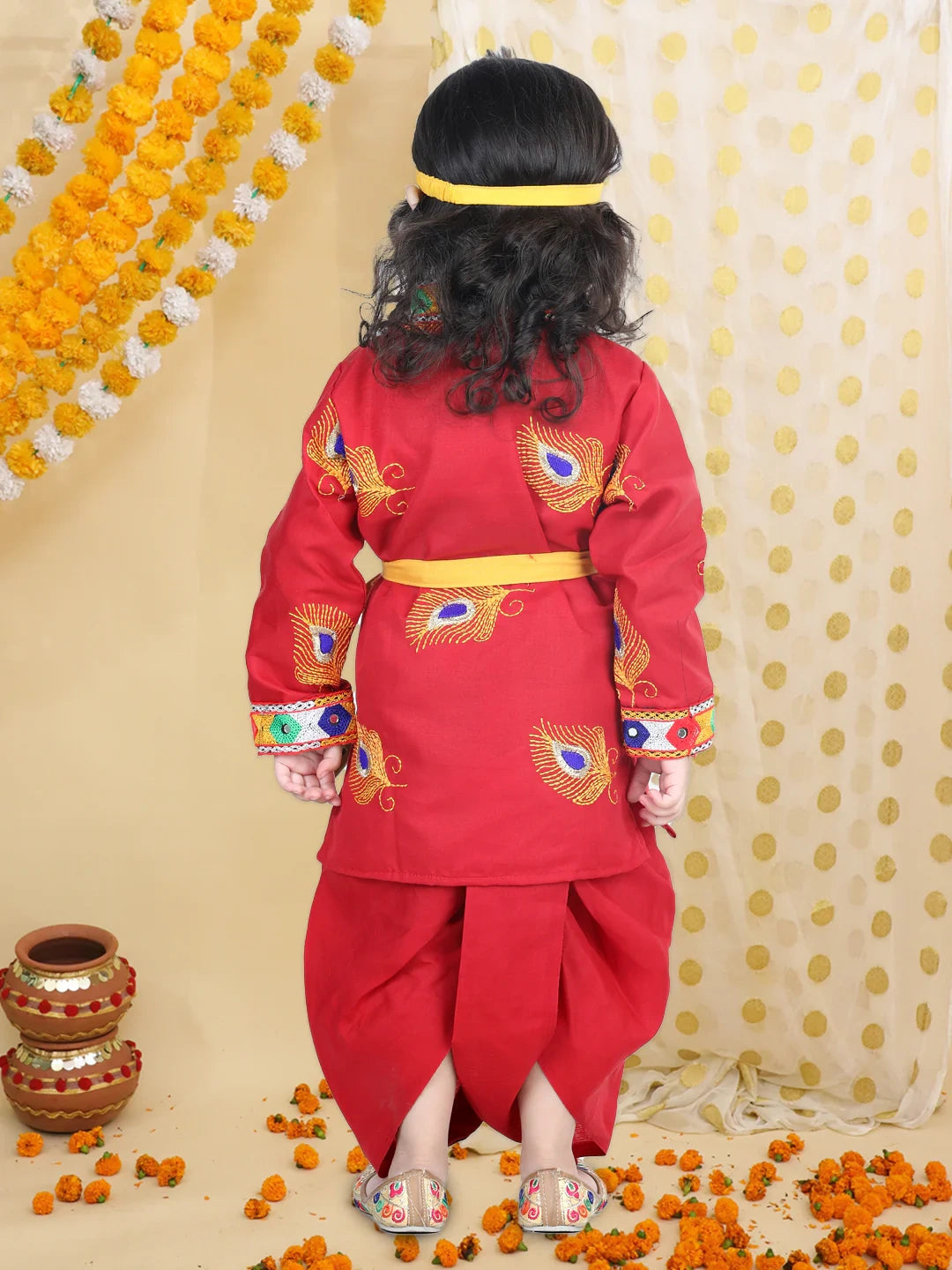BownBee Embroidered Kanhaiya Dhoti Kurta with Mukut Bansuri Belt for Boys - Red