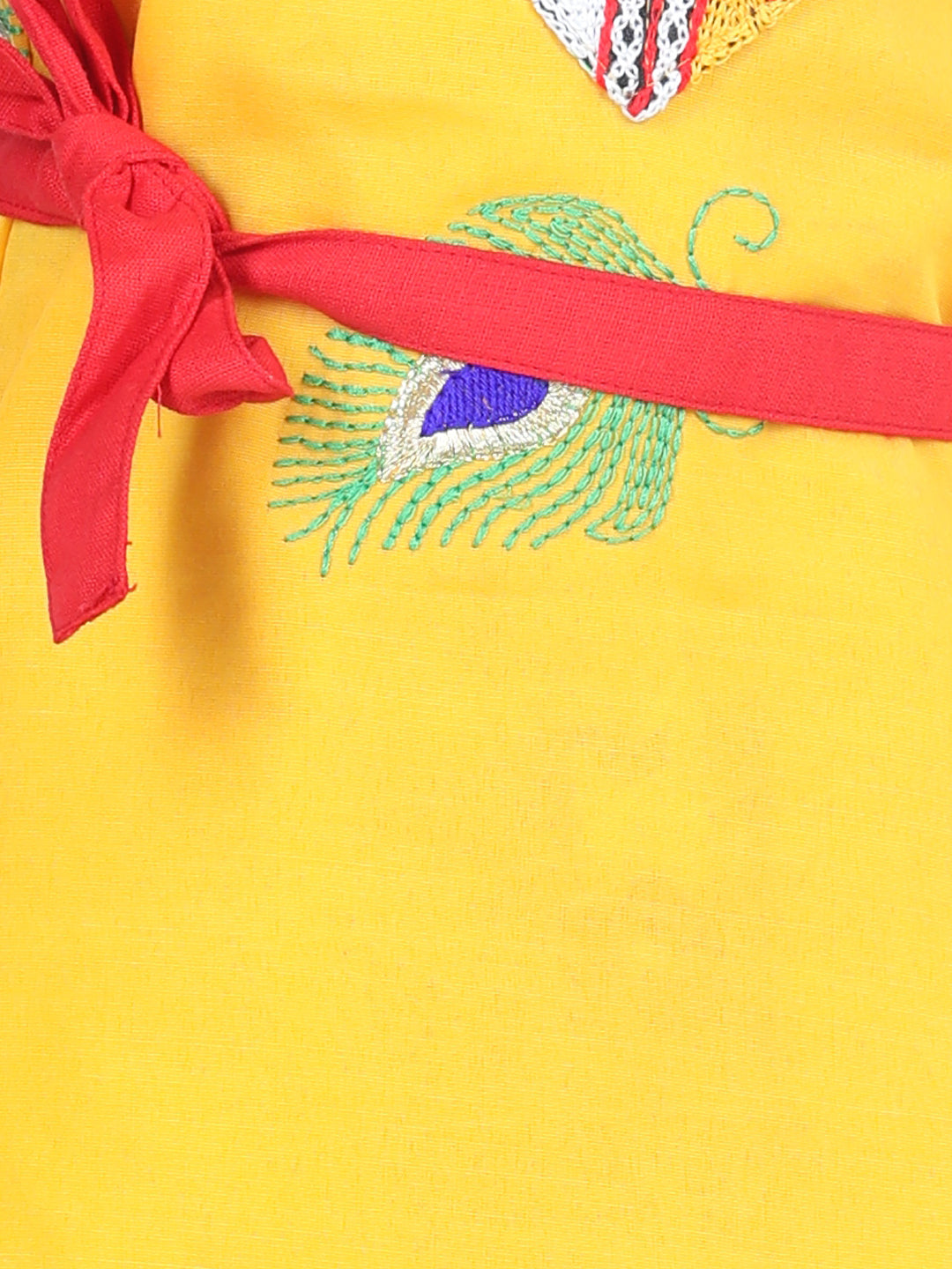 BownBee Embroidered Kanhaiya Dhoti Kurta with Mukut Bansuri Belt for Boys-Yellow