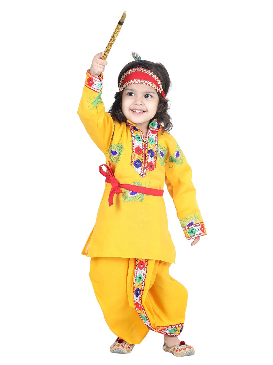 BownBee Embroidered Kanhaiya Dhoti Kurta with Mukut Bansuri Belt for Boys-Yellow